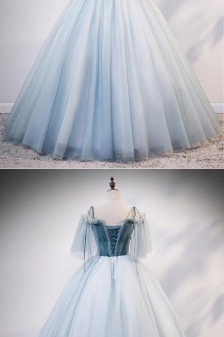 Blue Tulle V Neck Off Shoulder Long Prom Dress, Formal Dress With Applique M8981