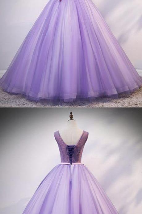 Light Purple Tulle Round Neck Long Halter Prom Dress, Formal Dress With Applique M8982
