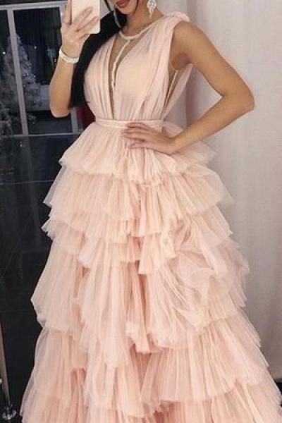 Tulle Light Pink A-line Sleeveless Elegant Prom Dresses M8985