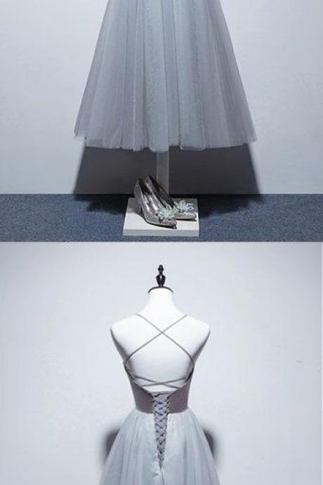 Elegant Gray Velvet Top Tea Length Tulle Prom Dress, Party Dress M8988