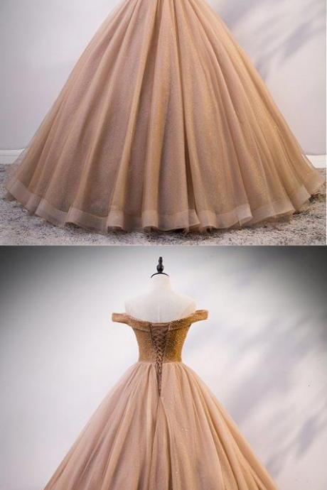 Champagne Tulle Crystal Beaded Floor Length Off Shoulder Prom Dress, Formal Dress M8989