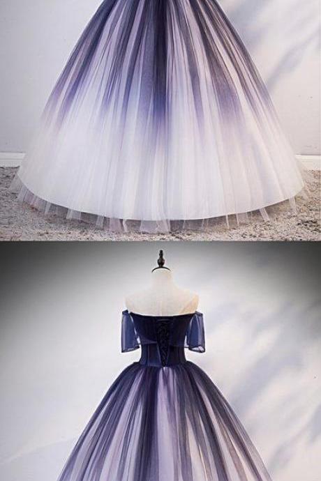 Navy Blue Tulle Off Shoulder Strapless Long Customize Prom Dress With Applique M8990