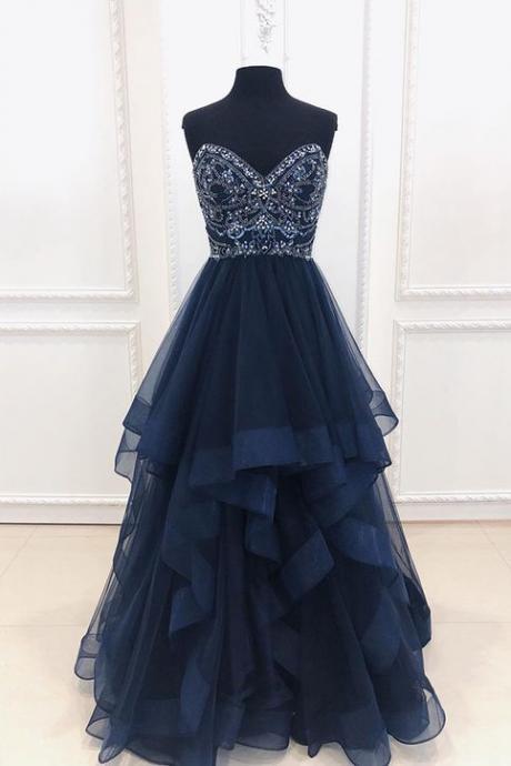 Navy Blue Long Formal Evening Dress,beading Prom Dress M9001