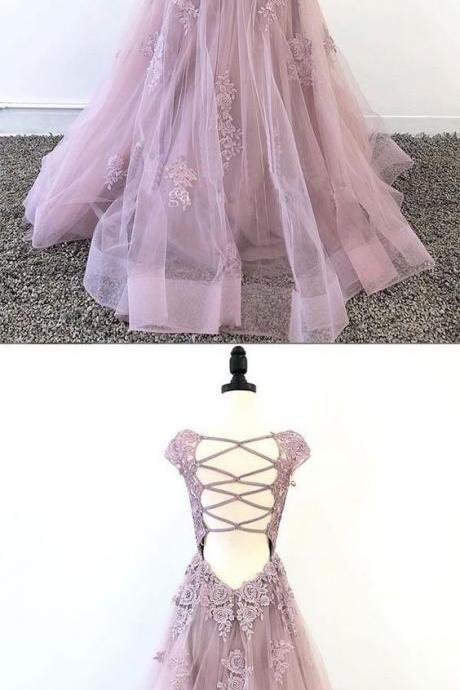 Pink Tulle Lace Long Prom Dress M9007