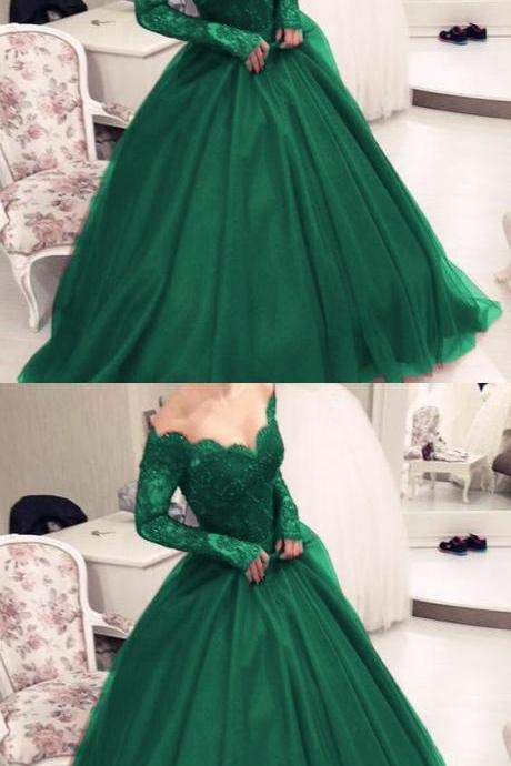 Illusion Scoop Neckline Lace Long Sleeves Emerald Green Prom Dresses M9009