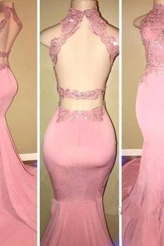 Pink High-neck Prom Dresses,mermaid Open-back Long Prom Dress M9028