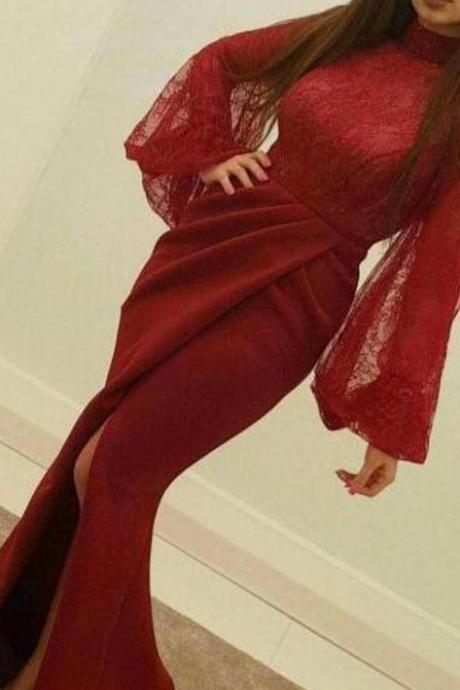Burgundy Evening Dress, Mermaid Evening Dress, Arabic Evening Dress, Lace Evening Dress, Evening Dress M9030