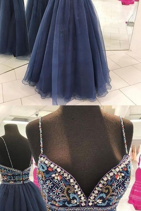 Dark blue v neck beads long prom dress, blue evening dress M9041