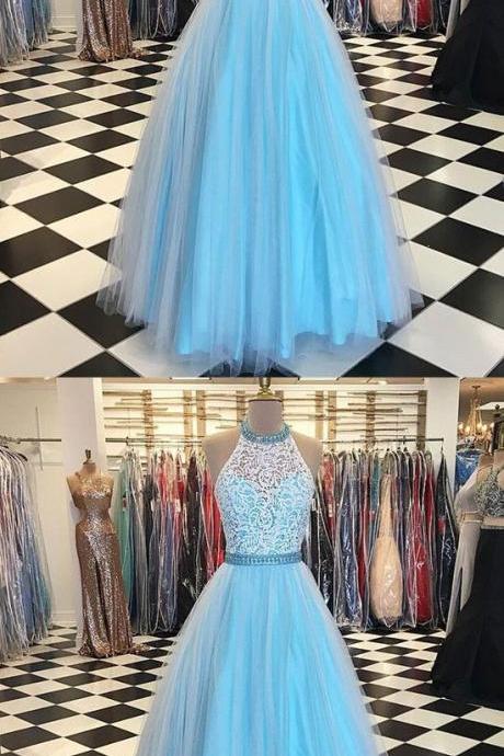 Blue Tulle Lace Long Prom Dress, Lace Evening Dress M9051