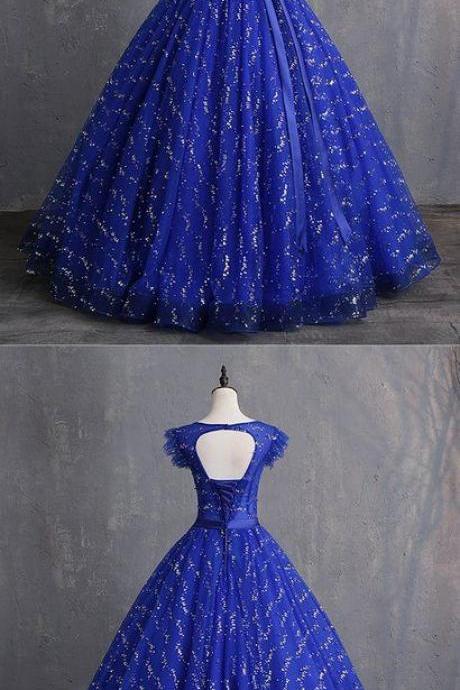 Royal Blue Sequins Tulle Cap Sleeve Long Formal Prom Dress With Sash M9062