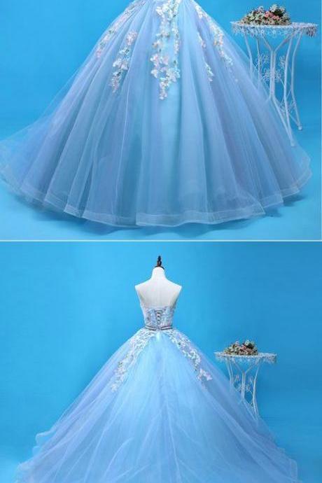 Sky Blue Tulle Sweetheart Neck Full Length Senior Prom Dress, Quinceanera Dress M9076