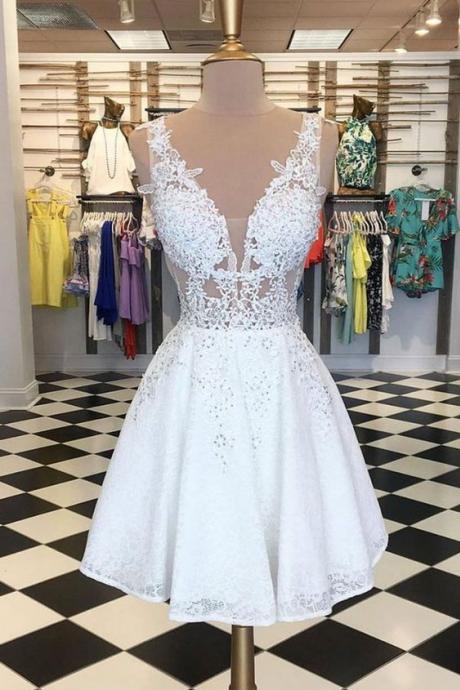 White Tulle V Neck Short Lace Prom Dress, Homecoming Dress M9078