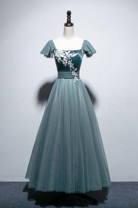 Green Tulle Velvet Cap Sleeve Ankle Length Prom Dress, Party Dress With Applique M9133