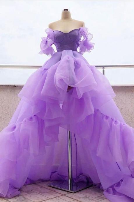 Purple Tulle High Low Prom Dress, Purple Evening Dress M9134