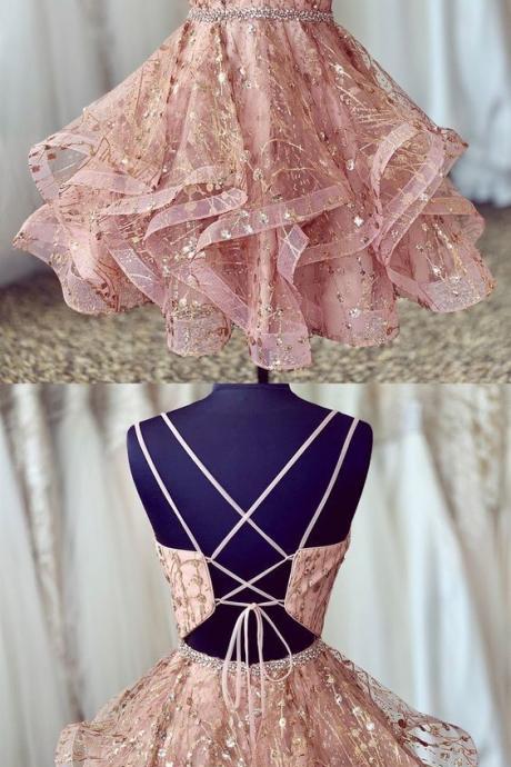 Stunning Pink Short Homecoming Dresses, Shiny Sequined Homecoming Dresses, Ball Gown Formal Dresses For Teens M9137
