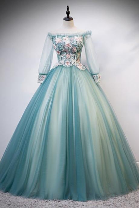 Unique Green Tulle Long Sleeve Strapless Formal Prom Dress, Evening Dress M9142