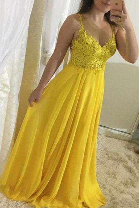 Lace Bodice Evening Party Gowns,women's Yellow Satin Appliques Formal Prom Dresses M9154