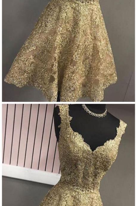 Gold V Neck Lace Short Prom Dress, Gold Homecoming Dress M9159