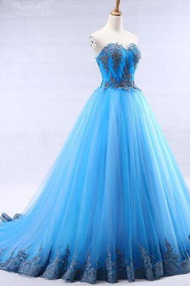 Bright Blue Tulle Sweetheart Neck Long Strapless A Line Senior Prom Dress With Appliqué M9161