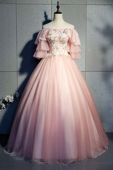 Pink Tulle Strapless Embroidery Long Pageant Prom Dress, Short Sleeve Quinceanera Dress M9162