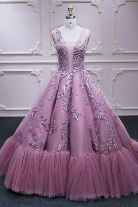 Spring Pink Tulle V Neck Lace Appliqué Long Formal Dress, Long Senior Prom Dress M9163