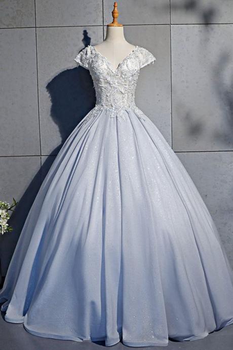 Light Blue Satin Cap Sleeve V Neck Long Lace Ball Gown, Sweet 16 Prom Dress M9165