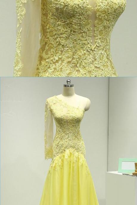 Yellow Chiffon One Sleeve See Through Long Evening Dress, Lace Prom Dress M9169