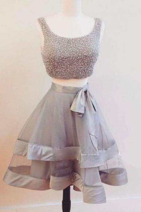 Gray Tulle Two Piece Short Beading Homecoming Dress, Party Dress M9170