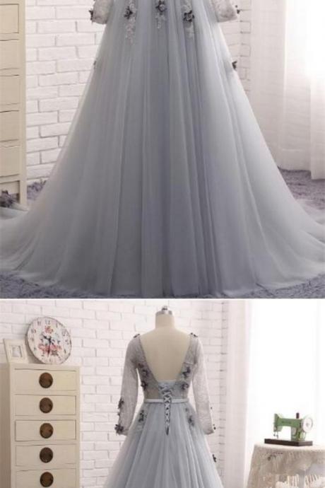 Grey Evening Gown With Lace Tulle Long Sleeves M9176