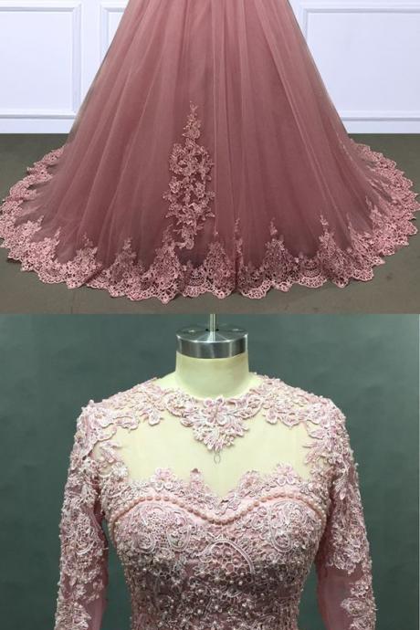 Luxury Pink Lace Long Sleeve Ball Gown Wedding Dresses M9177