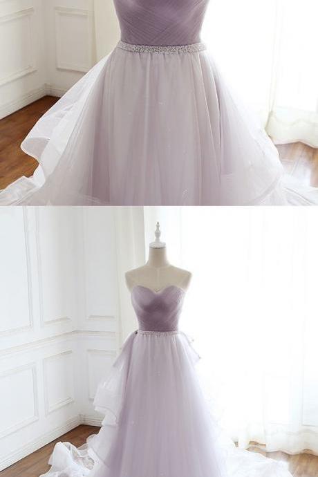 Sweetheart Neck Light Lavender Tulle Long Beaded Evening Dress M9178
