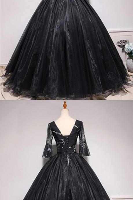 Prom Dresses By Sweetheartdress · Unique Black Tulle Mid Sleeve Long Prom Dress, Evening Dress With Bow M9179