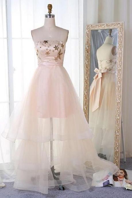 A-line Strapless Pearl Pink Tulle Prom Dress M9182
