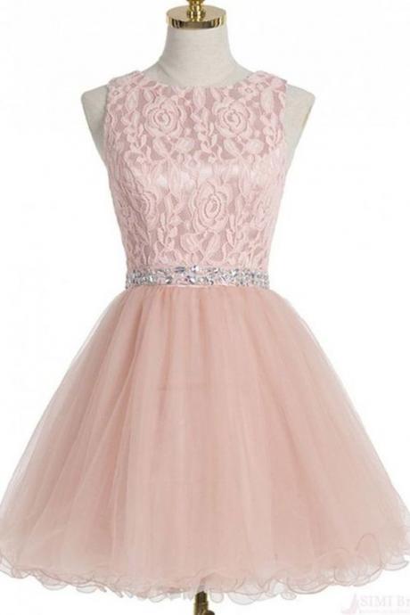 Cute Pink Organza Round Neck Lace A-line Short Dresses M9184