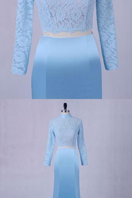 Ice Blue Lace Two Piece Long Mermaid Evening Dress, Long Prom Dress With Sleeves M9206