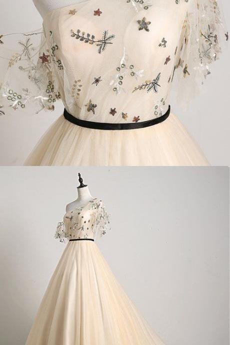 Design Champagne Floral Tulle One Shoulder Floor Length Prom Dress M9210