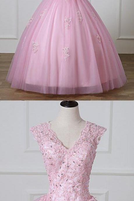 Pink Tulle Cap Sleeves Long Quinceanera Dress For Teens, Long Lace Prom Dress M9214