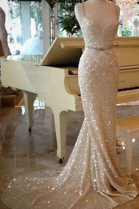 Shining Champagne Sequins Long Train Evening Dress Prom Dresses M9219