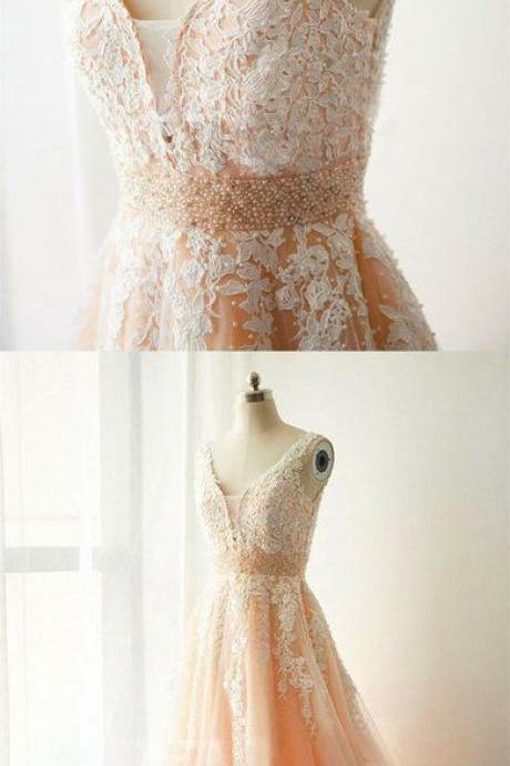 Champagne Prom Dress,v-neck Prom Dress,white Applique Prom Dress,long Tulle Party Dress,homecoming Dresses M9225