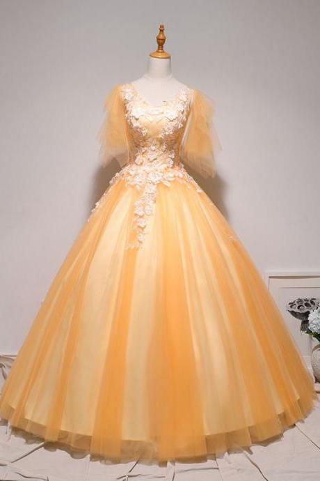 Yellow Tulle Lace Applique V Neck Long Formal Prom Dress With Sleeve M9230