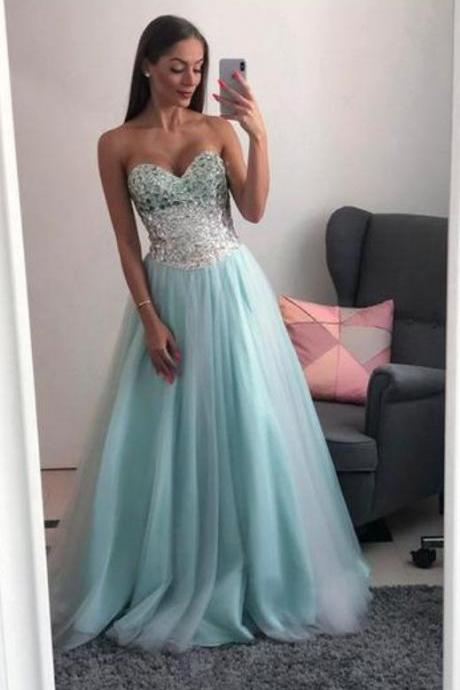 Elegant Crystal Beading Tulle Blue Prom Dress, A Line Prom Dresses, Long Evening Party Dress M9255