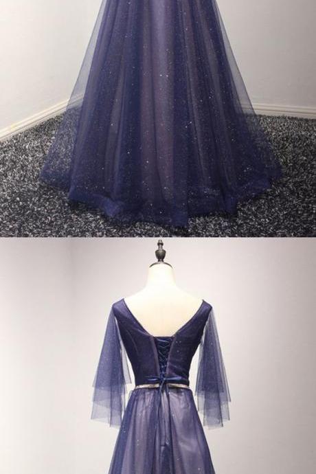 Sparkly Puffy Tulle Long Prom Dress With Sweetheart Sleeves M9287