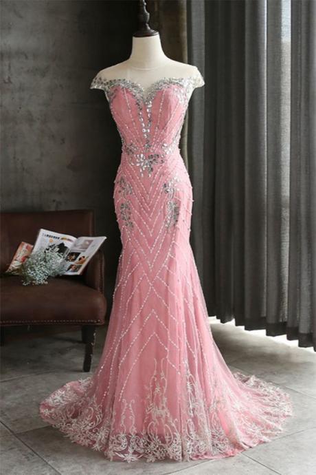Pink Tulle Shinny Beaded Long Mermaid Evening Dress M9306