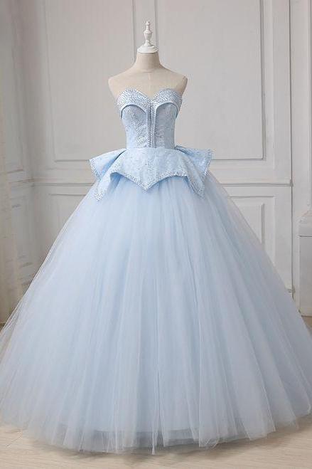 Blue Tulle Lace Up Sweetheart Ball Gown Beading Wedding Dress M9319