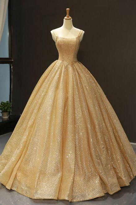 Gold Ball Gown Sequins Straps Floor Length Sweet 16 Prom Dress M9323
