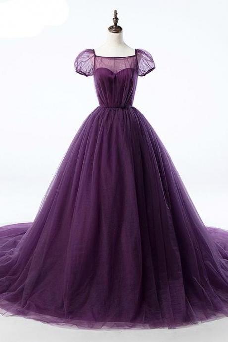 Purple Ball Gown Tulle Short Sleeve Backless Train Wedding Dress M9329