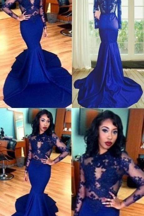Long Sleeves Lace Prom Dress Mermaid Style High Neck See-through Lace Appliques M9346