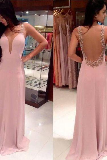 Plunge V-neck Prom Dress With See-through Back, Elegant Long Chiffon Prom Dresses, Pink Chiffon Prom Dresses M9365