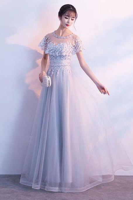 Unique Gray Tulle Long Prom Dress, Lace Evening Dress M9405