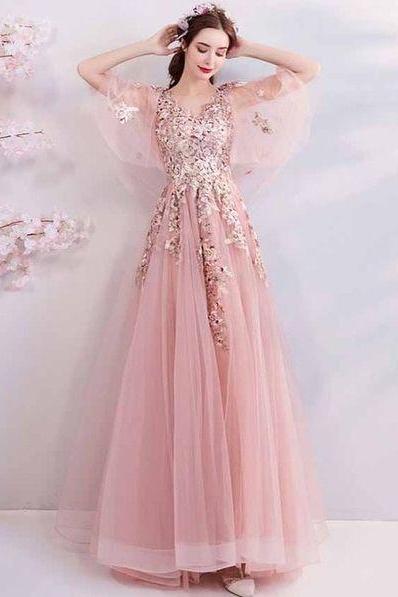 Embroidery Flare Sleeve Pink Ball Gown Dress M9410